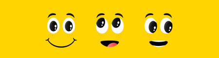 Cartoon face expressions. Smile face, surprised and interested emotions. Cute funny character with different eyes and mouth. Happy tongue cartoon character, interested face expression. Vector setのイラスト素材