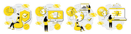 Business character illustrations. Marketing line icons. Collection of business idea, cyber security and money transfer icons. Data management, analysis chart and research. People character. Vectorのイラスト素材