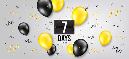 Seven days left icon. Countdown scoreboard timer. Balloon confetti background. 7 days to go sign. Days to go birthday balloon. Celebrate countdown banner. Counter background. Vectorのイラスト素材