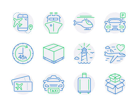 Transportation icons set. Included icon as Helicopter, Honeymoon travel, Taxi signs. Flight destination, Baggage reclaim, Lighthouse symbols. Parking, 48 hours, Delivery box. Boarding pass. Vectorのイラスト素材