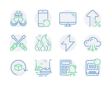 Technology icons set. Included icon as Computer, Ship, Return package signs. Calculator alarm, Cloud computing, Increasing percent symbols. Energy, Screwdriverl, Recovery phone line icons. Vectorのイラスト素材