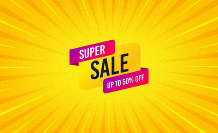 Super sale banner. Yellow background with offer message. Discount sticker shape. Coupon bubble icon. Best advertising coupon banner. Super sale badge shape. Abstract background. Vectorのイラスト素材