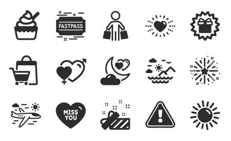 Miss you, Fastpass and Sun icons simple set. Surprise gift, Fireworks ...