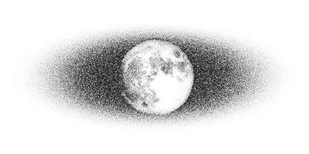 Dotwork Moon night pattern vector background. Sand grain effect. Black noise stipple dots satellite. Abstract noise dotwork pattern. Black dots Moon night banner. Stipple circles. Dotted vector.のイラスト素材