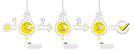 Infographic timeline with lamp light bulbs and icons. 3 steps idea journey path concept of business project process. Infographic path timeline. Business journey goal. Continuous line bulbs. Vectorのイラスト素材