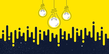 Idea light bulbs silhouette. Lamp icons yellow transition background. Continuous line lightbulbs with light. Creative idea night sky background. Handdrawn electric bulb. Melting lines pattern. Vectorのイラスト素材