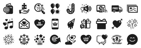 Set of Holidays icons, such as Fireworks explosion, Sale megaphone, Fireworks rocket icons. Smile chat, Puzzle, Ice cream signs. Love night, Gift box, Ferris wheel. Love music, Be sweet. Vectorのイラスト素材