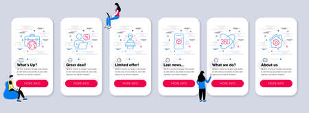 Set of Technology icons, such as Full rotation, Brand ambassador, Augmented reality icons. UI phone app screens with teamwork. Online discounts, Businessman case, Work home line symbols. Vectorのイラスト素材