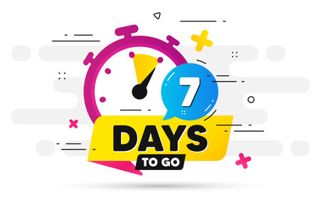 Seven days left icon. Offer countdown date number. Abstract banner with Stopwatch. 7 days to go sign. Count offer date chat bubble. Countdown timer with number. Vectorのイラスト素材
