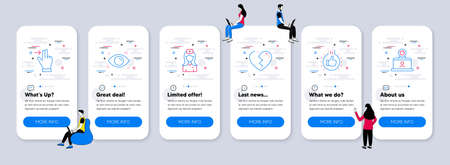 People icons set. UI phone app screens with teamwork. Included icon as Hospital nurse, Health eye,...