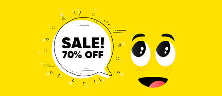Sale 70 percent off discount. Cartoon face chat bubble background. Promotion price offer sign. Retail badge symbol. Sale chat message. Character smile face background. Vectorのイラスト素材