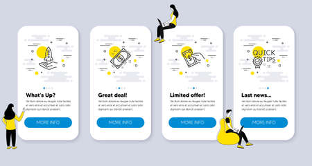 Set of Education icons, such as Crowdfunding, Pay money, Payment icons. UI phone app screens with people. Quick tips line symbols. Start business, Hold cash, Finance. Helpful tricks. Vectorのイラスト素材