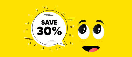 Save 30 percent off. Cartoon face chat bubble background. Sale Discount offer price sign. Special...