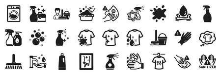 Set of Cleaning icons, such as Dont touch, Coronavirus spray, Dirty t-shirt icons. Cleaning service, Wash hands, Window cleaning signs. Washing machine, T-shirt, Clean hands. Clean bubbles. Vectorのイラスト素材