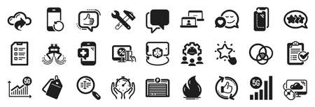 Set of Technology icons, such as Engineering team, 5g statistics, Spanner tool icons. Timer, Checklist, Online shopping signs. 5g wifi, Fire energy, Survey checklist. Augmented reality. Vectorのイラスト素材