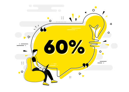 60 percent off Sale. Idea chat bubble banner with person. Discount offer price sign. Special offer symbol. Discount chat message lightbulb. Idea light bulb people background. Vectorのイラスト素材