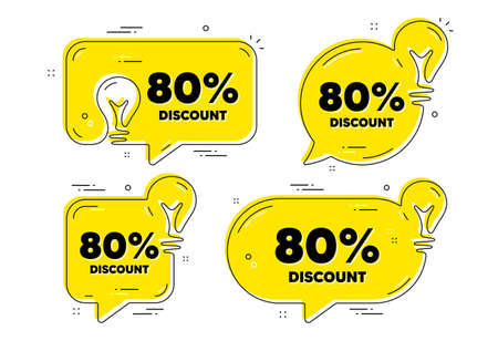 80 percent Discount. Idea yellow chat bubbles. Sale offer price sign. Special offer symbol. Discount chat message banners. Idea lightbulb balloons. Vectorのイラスト素材
