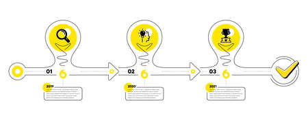 Business Infographic template. Timeline with 3 steps. Workflow process diagram with icons. Research, Idea bulb and Winner cup icon. Timeline infograph diagram. Vectorのイラスト素材