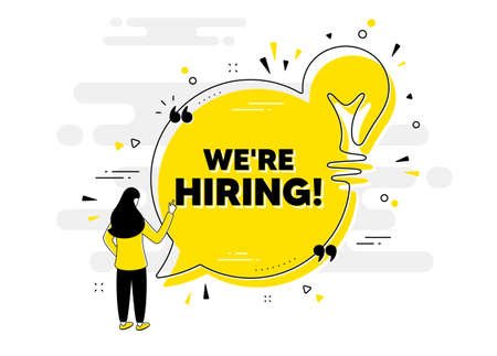We are hiring text. Idea chat bubble banner with person. Recruitment agency sign. Hire employees symbol. Hiring chat message lightbulb. Idea light bulb people background. Vectorのイラスト素材