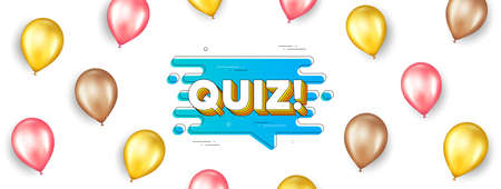 Quiz transition bubble. Promotion ad banner with 3d balloons. Answer chat message. Questionnaire flow banner icon. Isolated party balloons background. Quiz bubble label. Vectorのイラスト素材