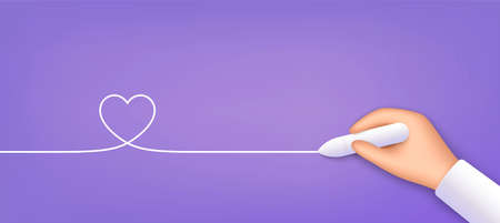 Realistic hand writing love icon. Continuous line with heart symbol. Banner with 3d hand and white chalk. Author write or draw heart by pen. Valentine day background with handwriting love icon. Vectorのイラスト素材