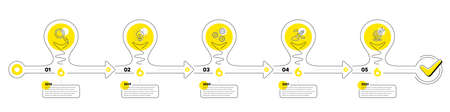 Business Infographic timeline with 5 steps. Lightbulb journey path infographics. Workflow process diagram with Research Idea, Working, Startup rocket and Goal target line icons. Vectorのイラスト素材
