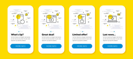Vector set of Recovery phone, Approved document and Video content line icons set. UI phone app screens with line icons. Medical help icon. Backup smartphone, Like symbol, Browser window. Vectorのイラスト素材
