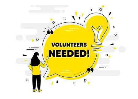 Volunteers needed text. Idea chat bubble banner with person. Volunteering service sign. Charity work symbol. Volunteers needed chat message lightbulb. Idea light bulb people background. Vectorのイラスト素材