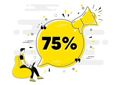 75 percent off Sale. Alert megaphone chat banner with user. Discount offer price sign. Special offer symbol. Discount chat message loudspeaker. Alert megaphone people background. Vectorのイラスト素材