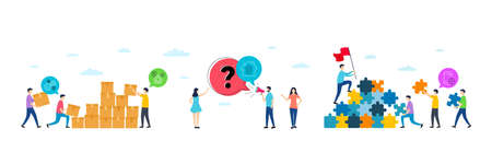 Teamwork, Cogwheel and Fingerprint access minimal line icons. People characters with puzzle, delivery parcel. Seo phone icons. For web, application, printing. Vectorのイラスト素材