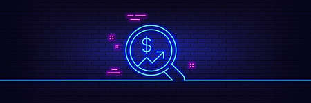 Neon light glow effect. Business Audit or Statistics line icon. Analytics with charts symbol. Search Magnifier sign. 3d line neon glow icon. Brick wall banner. Currency audit outline. Vectorのイラスト素材
