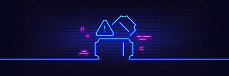 Neon light glow effect. Tickets line icon. Transport entrance sign. Paid admission ticket symbol. 3d line neon glow icon. Brick wall banner. Tickets outline. Vectorのイラスト素材