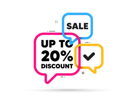 Up to 20 percent discount. Ribbon bubble chat banner. Discount offer coupon. Sale offer price sign. Special offer symbol. Save 20 percentages. Discount tag adhesive tag. Promo banner. Vectorのイラスト素材