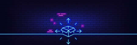Neon light glow effect. Parcel delivery line icon. Logistics service sign. Tracking symbol. 3d line neon glow icon. Brick wall banner. Parcel delivery outline. Vectorのイラスト素材