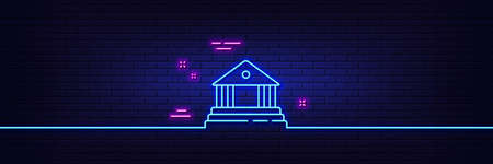 Neon light glow effect. Court building line icon. City architecture sign. Courthouse, government symbol. 3d line neon glow icon. Brick wall banner. Court building outline. Vectorのイラスト素材