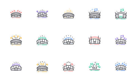 Sports stadium line icons. Ole chant, arena football, championship architecture. Arena stadium, sports competition, event flag icons. Sport complex linear set. Bicolor outline web elements. Vectorのイラスト素材