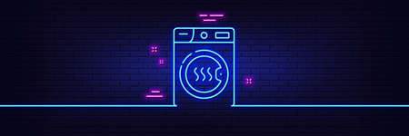 Neon light glow effect. Dryer machine line icon. Laundry service sign. Dry clothing symbol. 3d line neon glow icon. Brick wall banner. Dryer machine outline. Vectorのイラスト素材