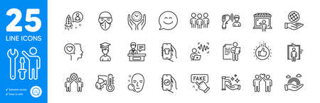 Outline icons set. Group, Fake information and Repairman icons. Job interview, Startup, Elevator web elements. Romantic talk, Voice wave, Student signs. Sick man, Safe time, Medical mask. Vectorのイラスト素材