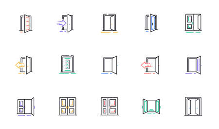 Entrance line icons. Open door, Building entry, Emergency exit. Closed doorway, Doorframe, House entrance outline icons. Door knob, home entry, building access. Interior gate, double door. Vectorのイラスト素材