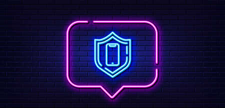 Neon light speech bubble. Smartphone protection line icon. Phone shield sign. Mobile device symbol. Neon light background. Smartphone protection glow line. Brick wall banner. Vectorのイラスト素材