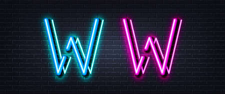 Initial letter W icon. Neon light line effect. Line typography character sign. Large first font letter. Glowing neon light element. Letter W glow 3d line. Brick wall banner. Vectorのイラスト素材