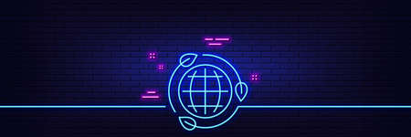 Neon light glow effect. Eco energy line icon. Green world sign. Ecology power symbol. 3d line neon glow icon. Brick wall banner. Eco energy outline. Vectorのイラスト素材