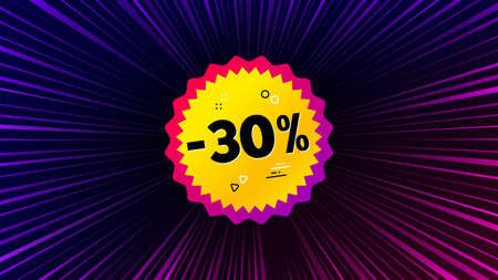 Sunburst ray beam banner. Sale 30 percent off banner. Discount sticker shape. Coupon bubble icon....