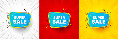 Super sale banner. Flash offer banner, coupon or poster. Discount price tag sticker. Chat bubble icon. Super sale promo banner. Retail marketing flyer. Starburst pop art. Vectorのイラスト素材