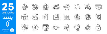 Outline icons set. Pets care, Weather phone and Gear icons. Honeymoon travel, Lighthouse, Delivery web elements. Dirty mask, Plan, Wallet signs. Capsule pill, Discounts cart, Fair trade. Vectorのイラスト素材