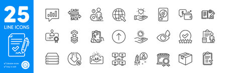 Outline icons set. Internet, Loan percent and Engineering documentation icons. Swipe up, Prescription drugs, Best market web elements. Employee, Certificate, Approved checklist signs. Vectorのイラスト素材