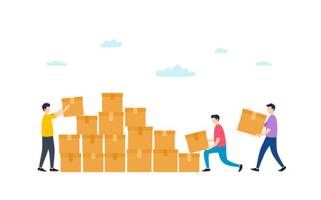 Cardboard box delivery. People carry carton packages. Infographic container storage. Team work together with fragile cardboard boxes. Cargo carton goods packages. Package logistics. Partnership vectorのイラスト素材