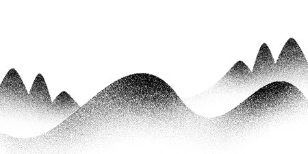 Dotwork mountain pattern vector background. Black noise stipple dots hills. Sand grain effect trees. Dots grunge banner. Abstract noise dotwork pattern. Stipple circles hills. Dotted mountain vector.のイラスト素材
