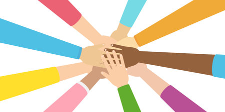 Hands putting together background. Diverse group of people. Team community, volunteering and partnership. Volunteer hands together. Community of social charity. People equity help. Inclusion vectorのイラスト素材