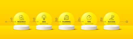 Timeline workflow 3d podium infographics. Infographic template with numbers 5 options or steps. Business flowchart infograph chart with 3d render stages. Product display timeline chart. Vectorのイラスト素材
